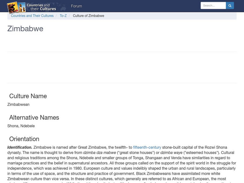 Countries and Their Cultures: Zimbabwe Handout Countries and Their Cultures: Zimbabwe Handout