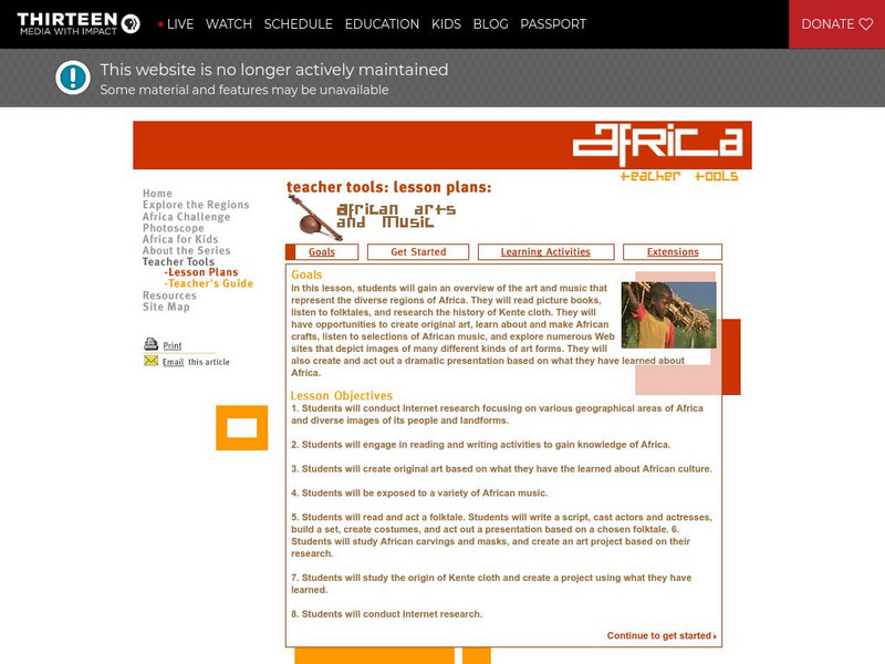 Wnet: Thirteen: Teacher Tools: African Arts and Music Lesson Plans Lesson Plan Wnet: Thirteen: Teacher Tools: African Arts and Music Lesson Plans Lesson Plan
