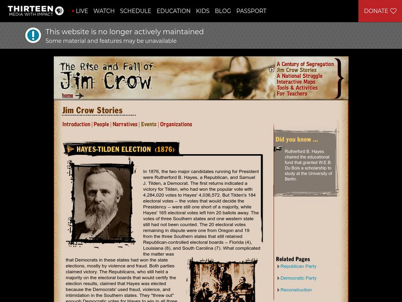 Wnet: Thirteen: The Rise and Fall of Jim Crow: Hayes Tilden Election Website Wnet: Thirteen: The Rise and Fall of Jim Crow: Hayes Tilden Election Website
