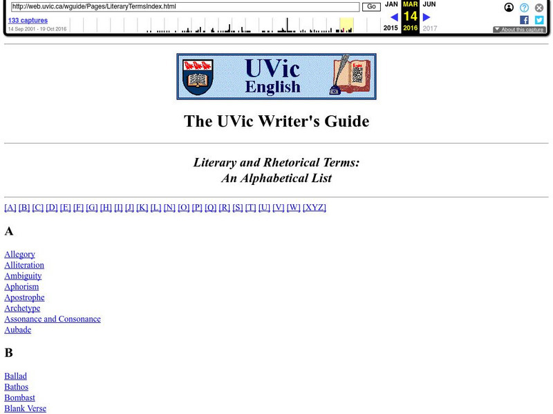 U Vic Writer's Guide: Literary and Rhetorical Terms: An Alphabetical List Handout U Vic Writer's Guide: Literary and Rhetorical Terms: An Alphabetical List Handout