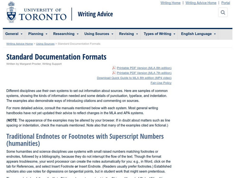 University of Toronto: Standard Documentation Formats Handout