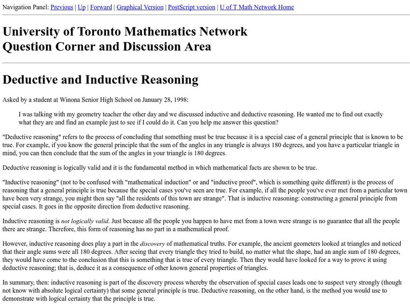 University of Toronto: Deductive and Inductive Reasoning Activity University of Toronto: Deductive and Inductive Reasoning Activity