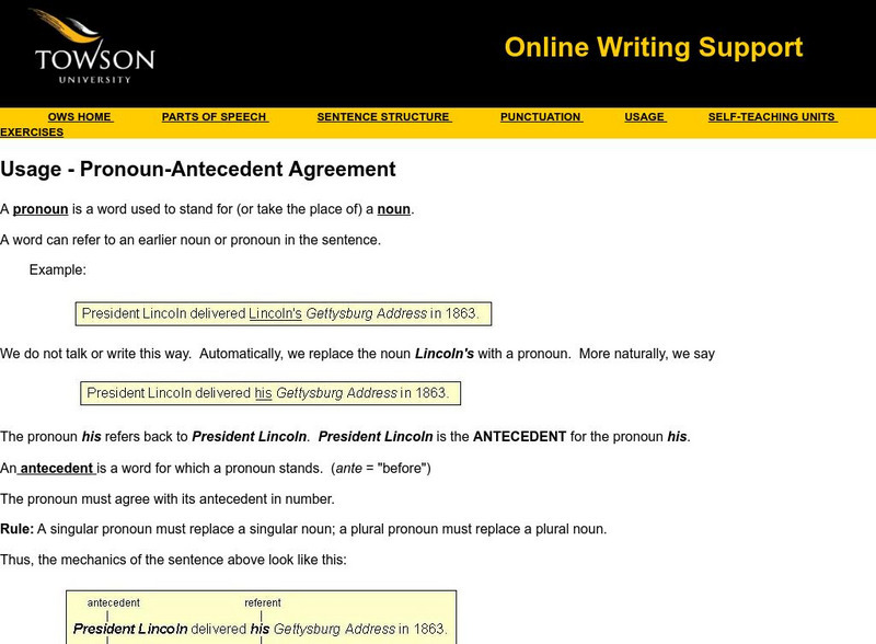 Towson University: Online Writing Support: Usage Pronoun Antecedent Agreement Handout Towson University: Online Writing Support: Usage Pronoun Antecedent Agreement Handout