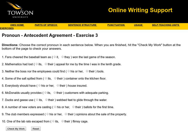 Towson University: Ows: Pronoun Antecedent Agreement Exercise 3 Unknown Type