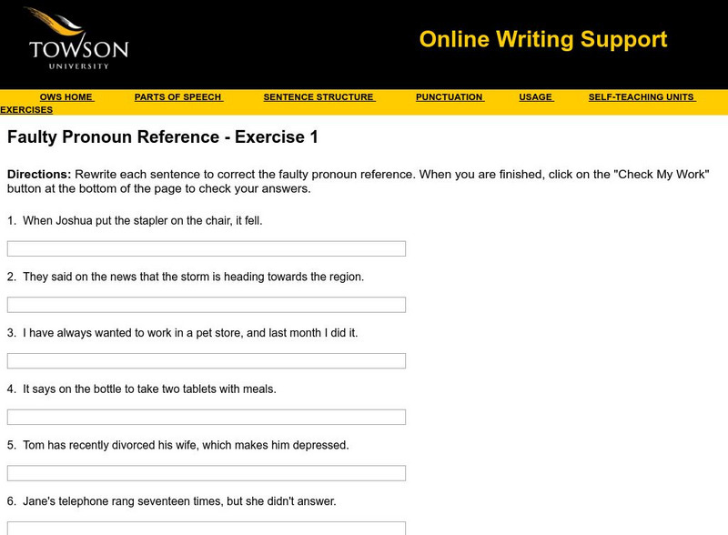 Towson University: Ows: Faulty Pronoun Reference Exercise 1 Unknown Type