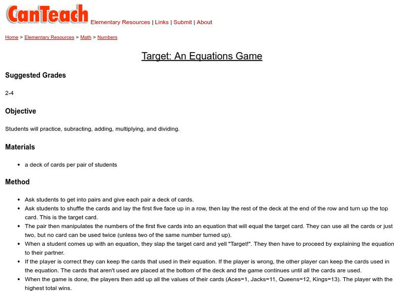 Can Teach: Target: An Equations Game Lesson Plan Can Teach: Target: An Equations Game Lesson Plan