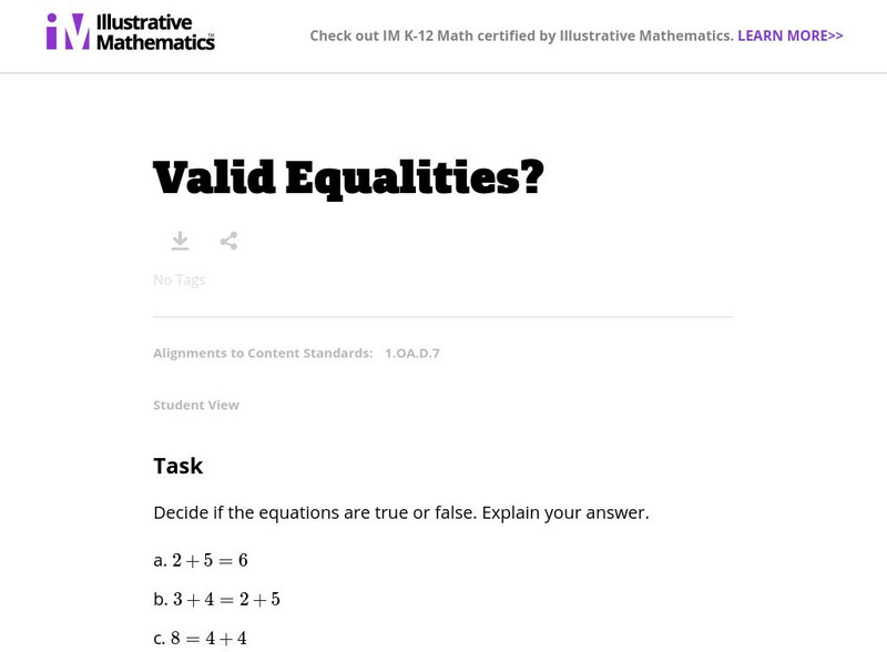 Illustrative Mathematics: 1.oa Valid Equalities? Lesson Plan Illustrative Mathematics: 1.oa Valid Equalities? Lesson Plan