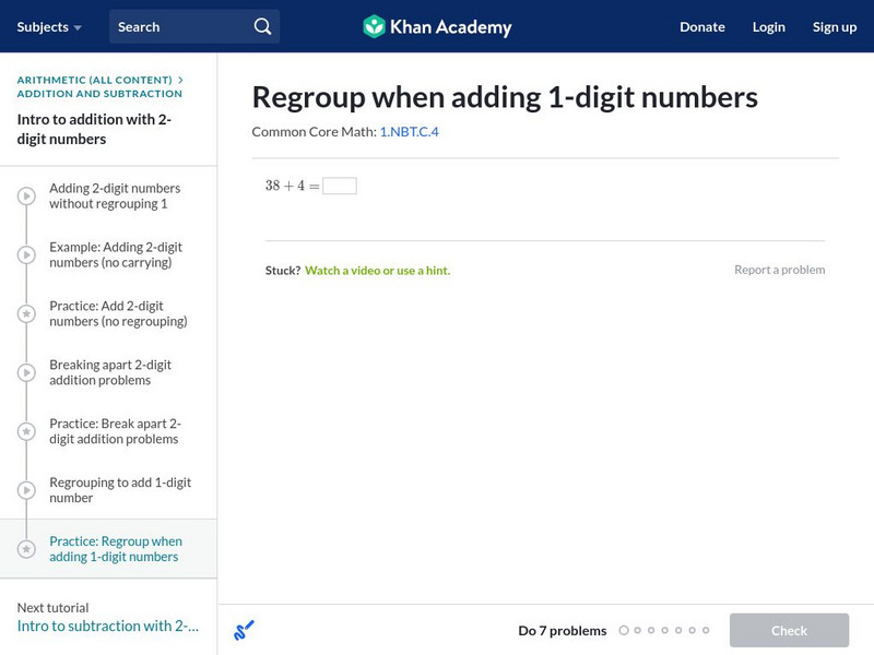 Khan Academy: Regrouping When Adding One Digit Numbers Unknown Type