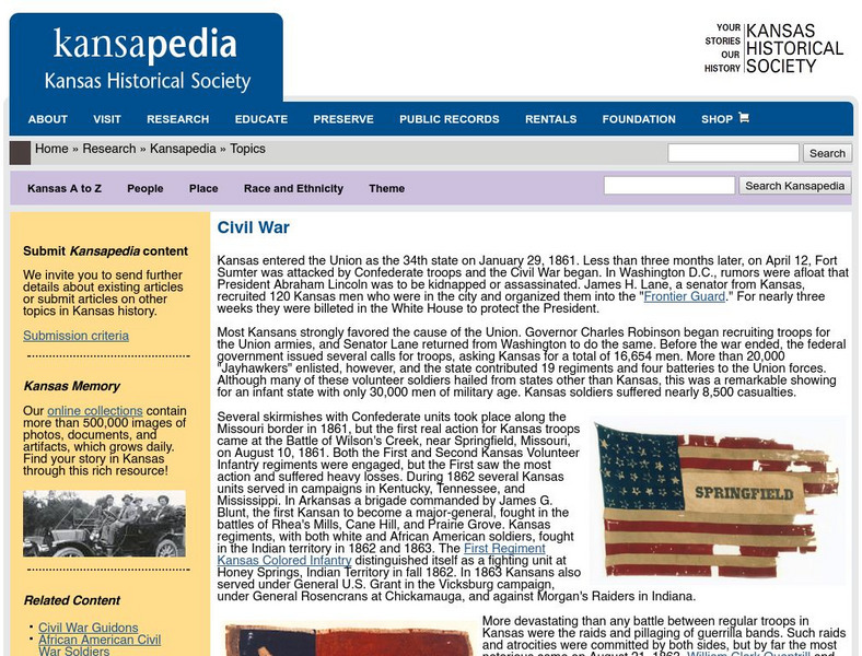 Kansas State Historical Society: Kansas in the Civil War Handout Kansas State Historical Society: Kansas in the Civil War Handout