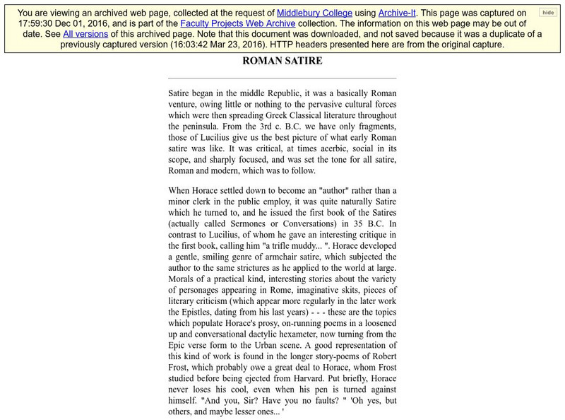 Middlebury College: Roman Satire Handout Middlebury College: Roman Satire Handout