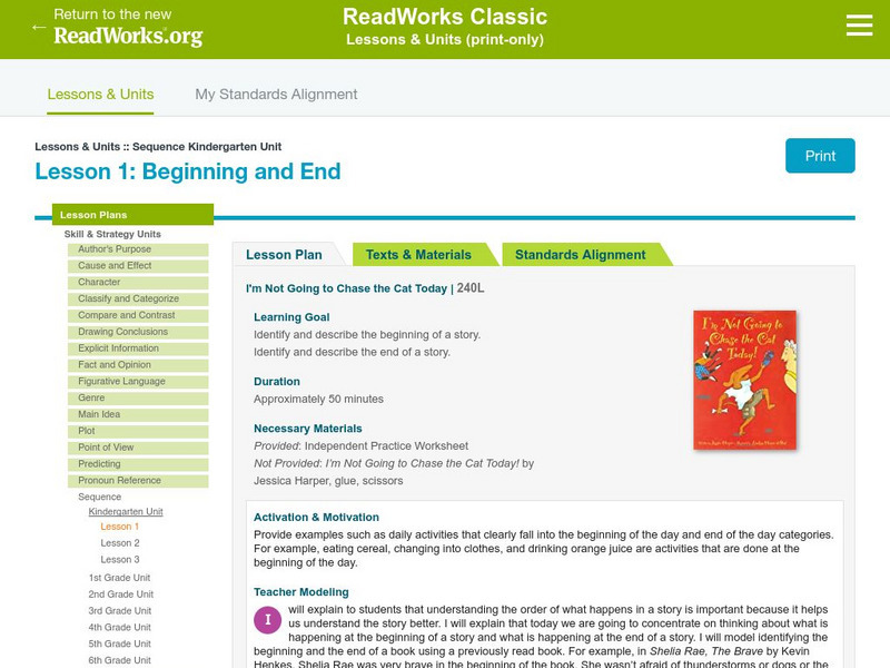 Read Works: Sequence Kindergarten Unit: Beginning and End Lesson Plan Read Works: Sequence Kindergarten Unit: Beginning and End Lesson Plan