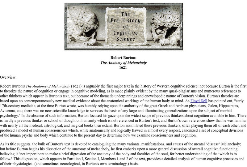 Pre History of Cognitive Science: Robert Burton: The Anatomy of Melancholy 1621 Article