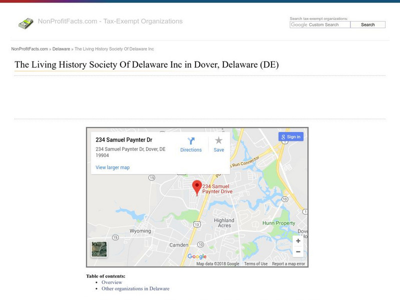 The Living History Society of Delaware Inc in Dover, Delaware (De) Website