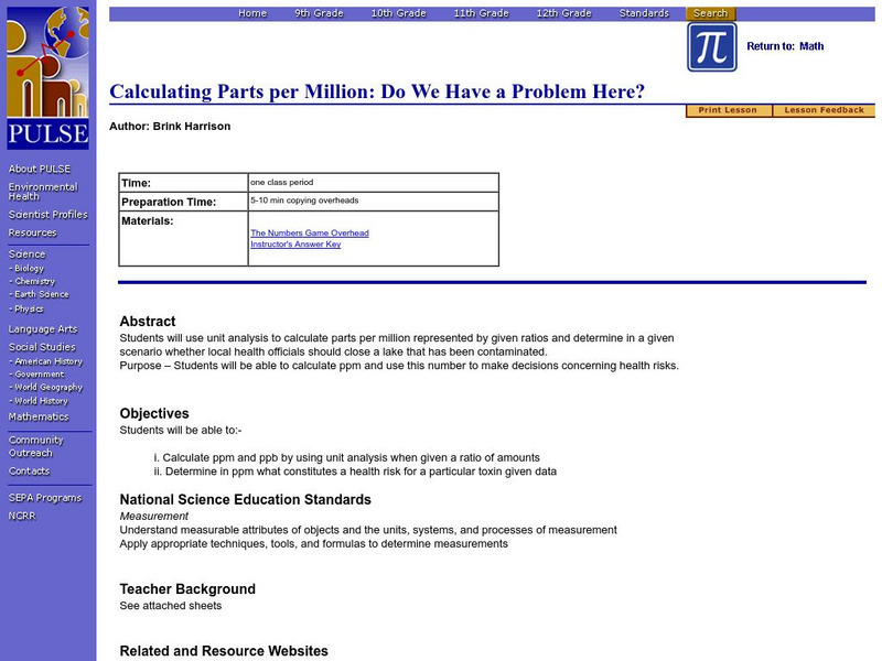 Math Lesson: Calculating Parts Per Million: Do We Have a Problem Here? Lesson Plan Math Lesson: Calculating Parts Per Million: Do We Have a Problem Here? Lesson Plan