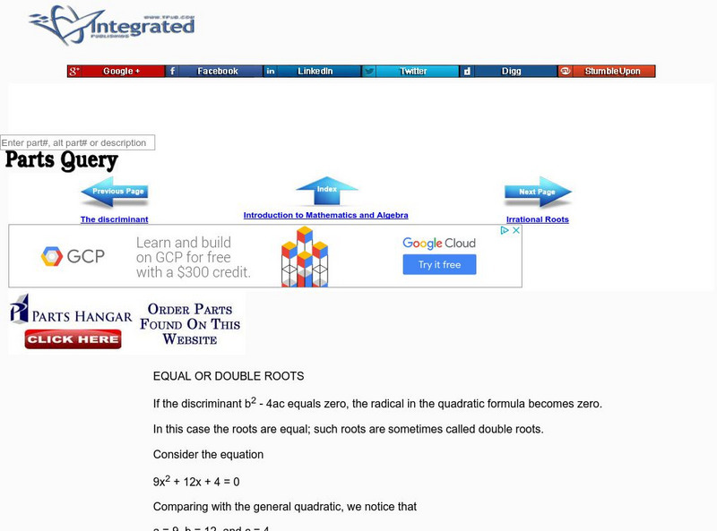 Internet Publishing: Equal or Double Roots Activity Internet Publishing: Equal or Double Roots Activity