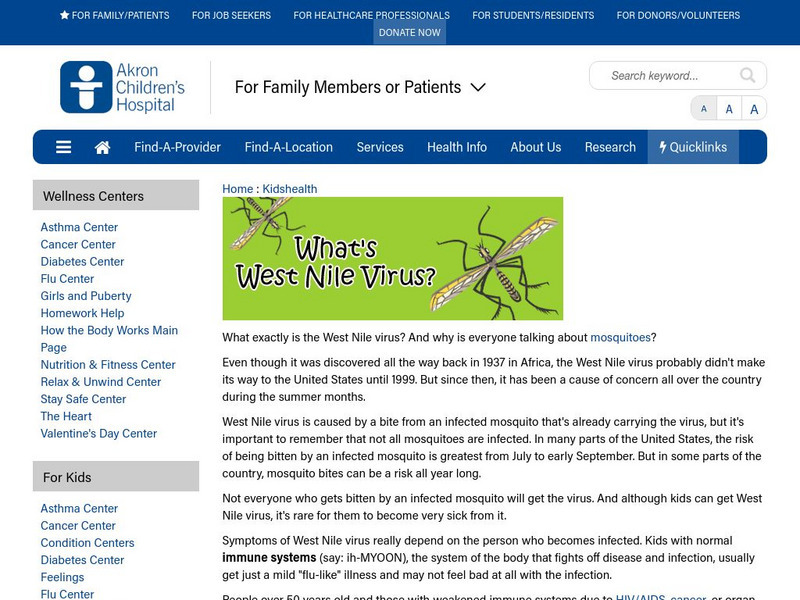 Akron Children's Hospital: Kidshealth: What's West Nile Virus? Article