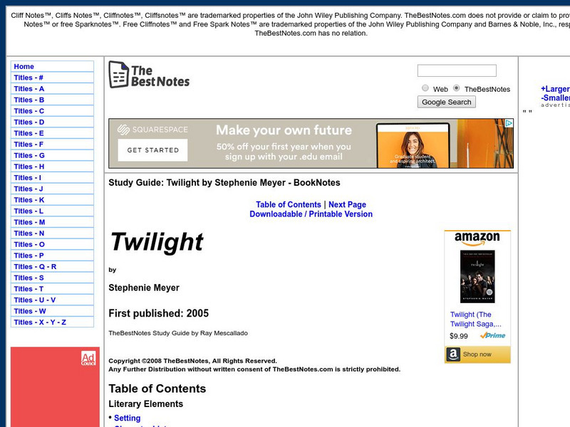 The Best Notes: Twilight by Stephenie Meyer Unit Plan The Best Notes: Twilight by Stephenie Meyer Unit Plan