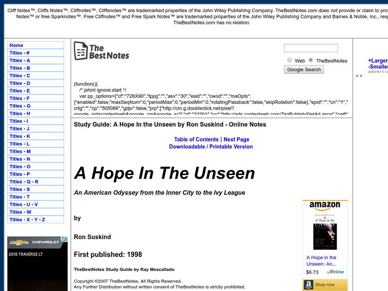 The Best Notes: A Hope in the Unseen by Ron Suskind Unit Plan The Best Notes: A Hope in the Unseen by Ron Suskind Unit Plan