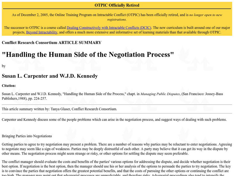 University of Colorado: Handling the Human Side of the Negotiation Process Article
