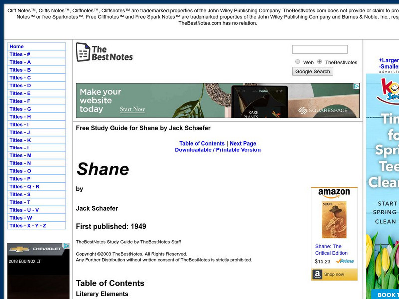 The Best Notes: Shane by Jack Schaefer Unit Plan The Best Notes: Shane by Jack Schaefer Unit Plan