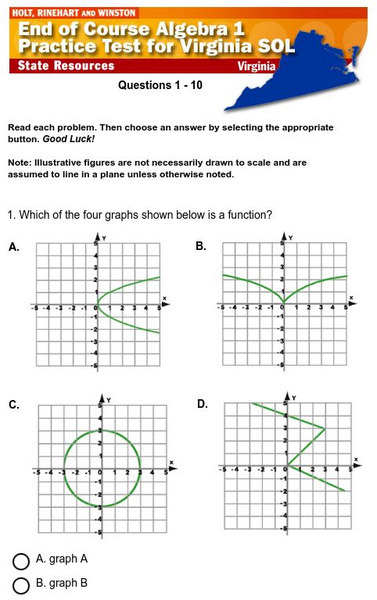 Holt, Rinehart and Winston: Sol Algebra 1 End of Course: Sample Test 1 Study Guide Holt, Rinehart and Winston: Sol Algebra 1 End of Course: Sample Test 1 Study Guide