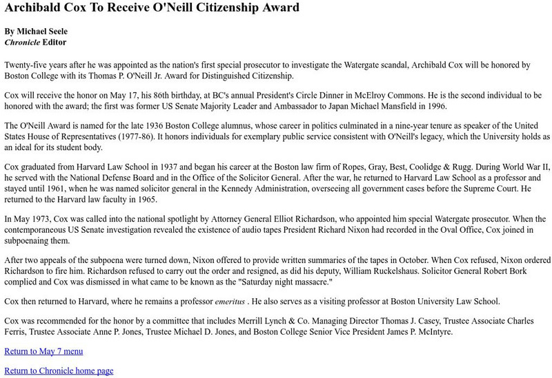 Archibald Cox to Receive O'neill Citizenship Award Article Archibald Cox to Receive O'neill Citizenship Award Article