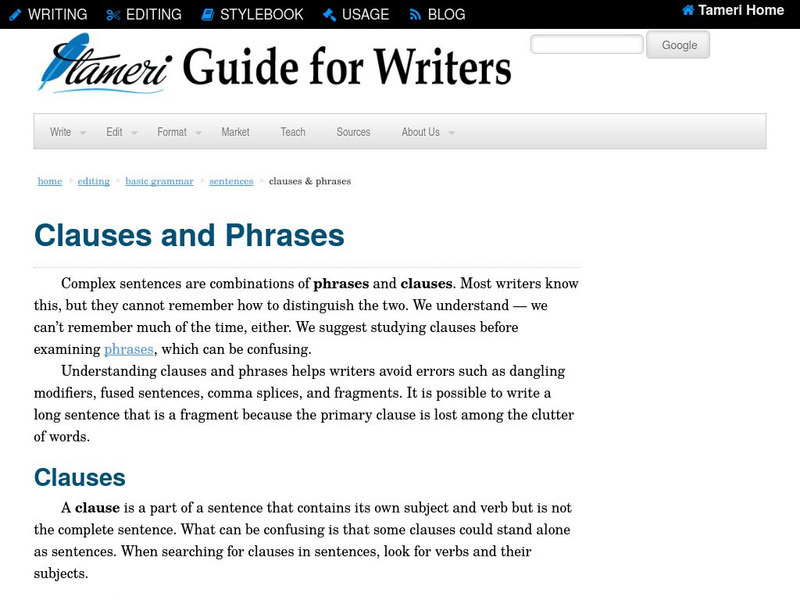 Tameri Guide for Writers: Clauses and Phrases Handout Tameri Guide for Writers: Clauses and Phrases Handout