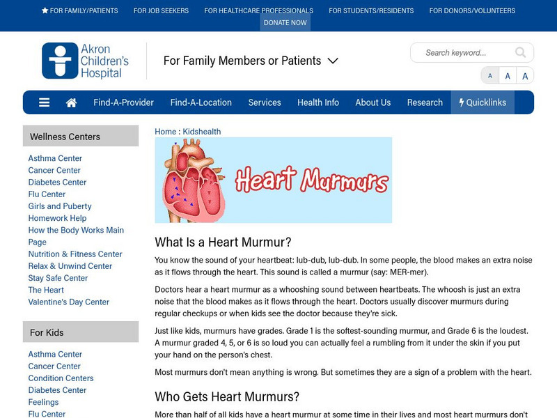 Akron Children's Hospital: Kidshealth: Heart Murmurs Article