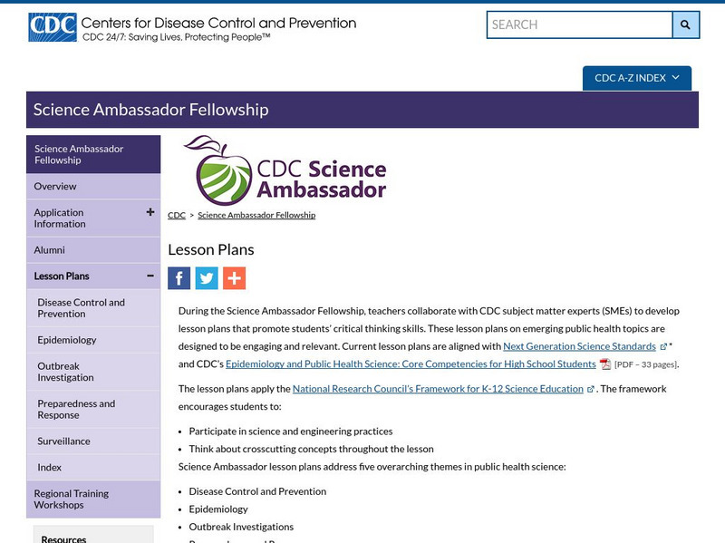 Centers for Disease Control: Science Ambassador Fellowship: Lesson Plans Website Centers for Disease Control: Science Ambassador Fellowship: Lesson Plans Website