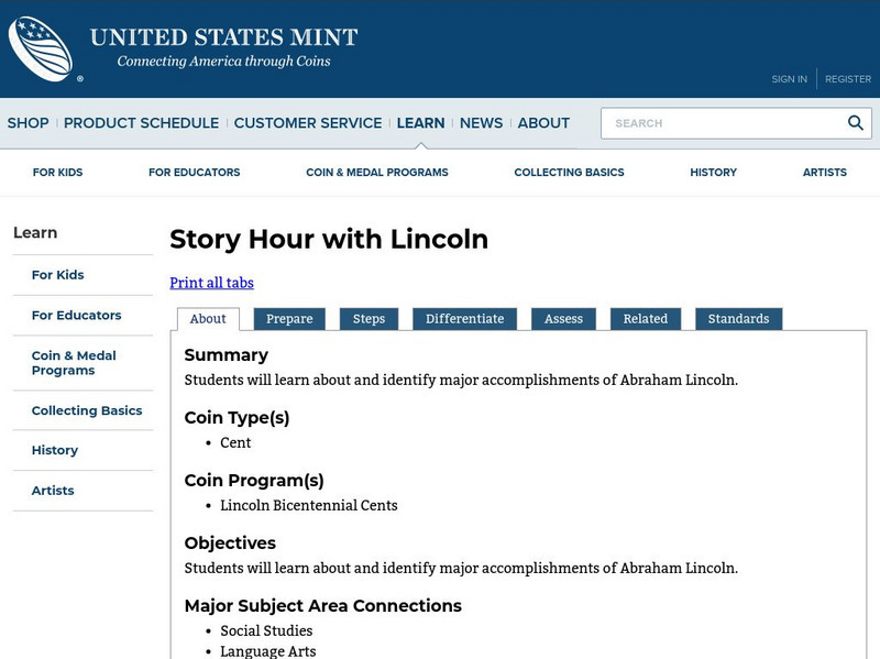 U.s. Mint: One Cent Program: Story Hour With Lincoln [Pdf] Lesson Plan