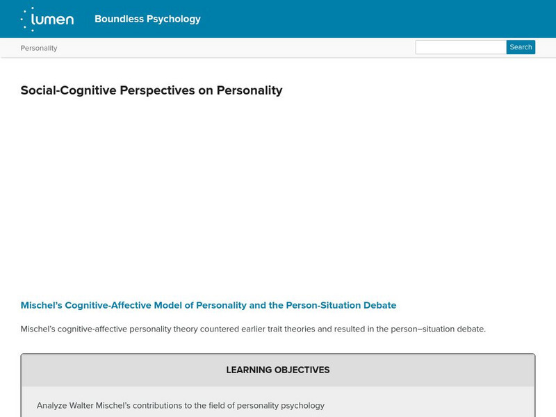 Lumen: Boundless Psychology: Social Cognitive Pespectives on Personality Unit Plan