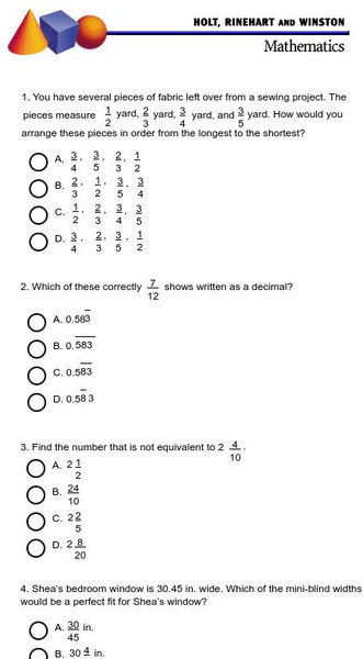 Holt, Rinehart and Winston: Math Sample Stanford 9 Test: Advanced 2 Study Guide Holt, Rinehart and Winston: Math Sample Stanford 9 Test: Advanced 2 Study Guide