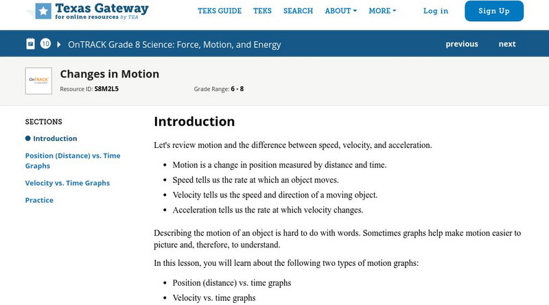Texas Gateway: Changes in Motion Unit Plan Texas Gateway: Changes in Motion Unit Plan