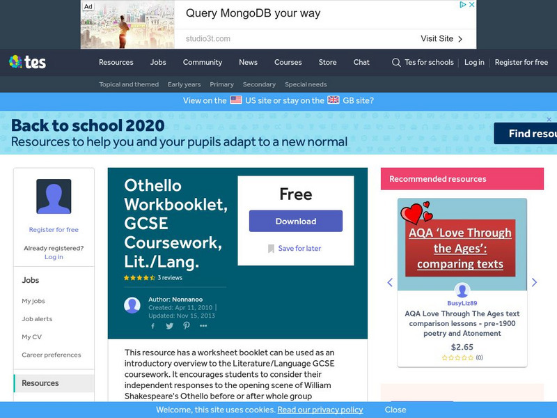 Tes: Othello Workbooklet, Gcse Coursework, Lit./lang. Unit Plan Tes: Othello Workbooklet, Gcse Coursework, Lit./lang. Unit Plan