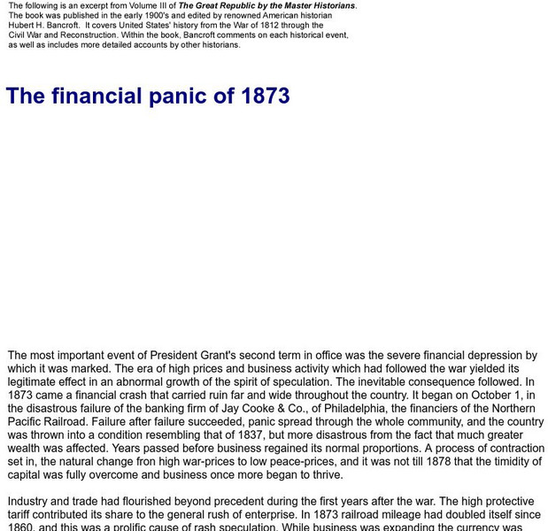 The Financial Panic of 1873 Handout The Financial Panic of 1873 Handout