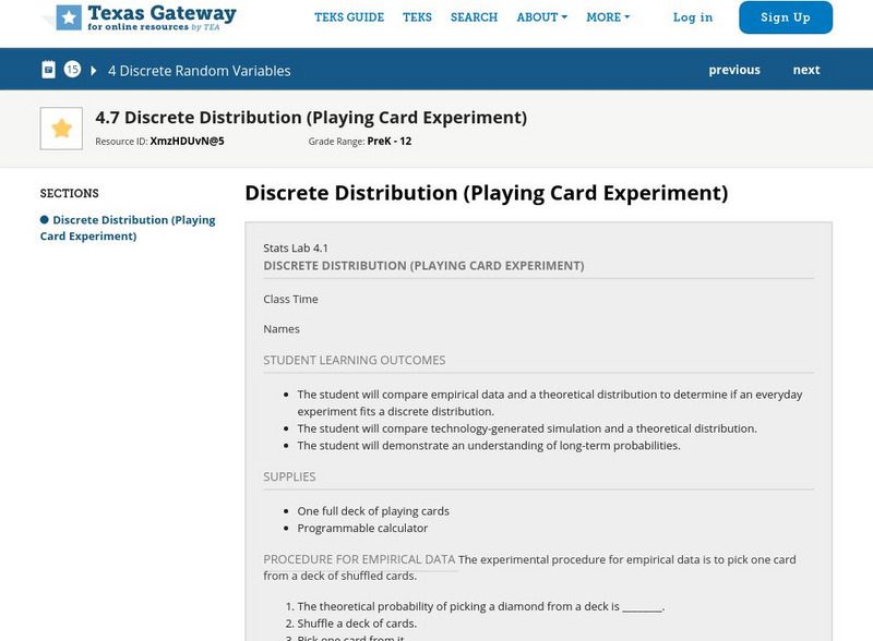 Texas Gateway: Tea Statistics: Discrete Distribution (Playing Card Experiment) Activity Texas Gateway: Tea Statistics: Discrete Distribution (Playing Card Experiment) Activity