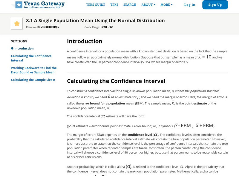 Texas Gateway: A Single Population Mean Using the Normal Distribution eBook Texas Gateway: A Single Population Mean Using the Normal Distribution eBook