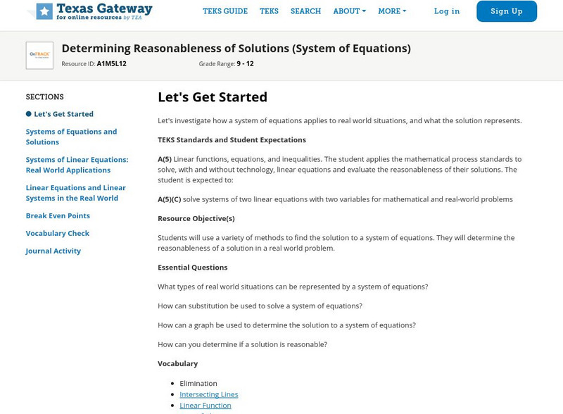Texas Gateway: Determining Reasonableness of Solutions (System of Equations) Unit Plan Texas Gateway: Determining Reasonableness of Solutions (System of Equations) Unit Plan