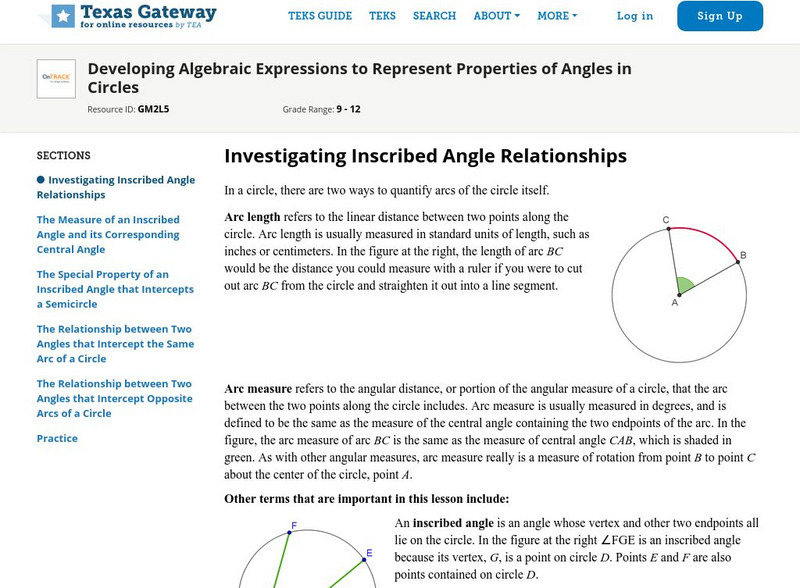Texas Gateway: Algebraic Expressions to Represent Angle Properties in Circles Unit Plan Texas Gateway: Algebraic Expressions to Represent Angle Properties in Circles Unit Plan