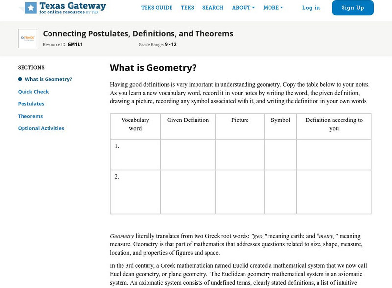 Texas Gateway: Connecting Postulates, Definitions, and Theorems Unit Plan Texas Gateway: Connecting Postulates, Definitions, and Theorems Unit Plan