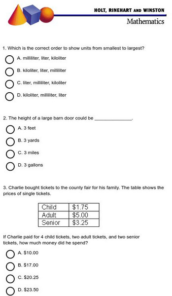 Holt, Rinehart and Winston: Math Sample Standardized Test 1 Study Guide Holt, Rinehart and Winston: Math Sample Standardized Test 1 Study Guide