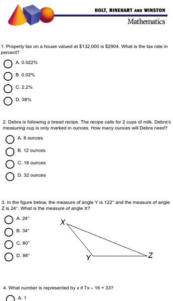 Holt, Rinehart and Winston: Math Sample Standardized Test 2 Study Guide Holt, Rinehart and Winston: Math Sample Standardized Test 2 Study Guide