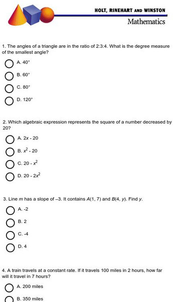 Holt, Rinehart and Winston: Math Sample Standardized Test 3 Study Guide Holt, Rinehart and Winston: Math Sample Standardized Test 3 Study Guide