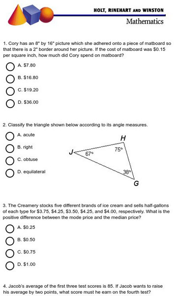 Holt, Rinehart and Winston: Math Sample Standardized Test 4 Study Guide Holt, Rinehart and Winston: Math Sample Standardized Test 4 Study Guide