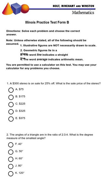 Holt, Rinehart and Winston: Illinois Practice Test Form B Study Guide Holt, Rinehart and Winston: Illinois Practice Test Form B Study Guide