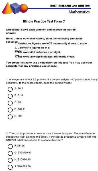 Holt, Rinehart and Winston: Illinois Practice Test Form C Study Guide Holt, Rinehart and Winston: Illinois Practice Test Form C Study Guide