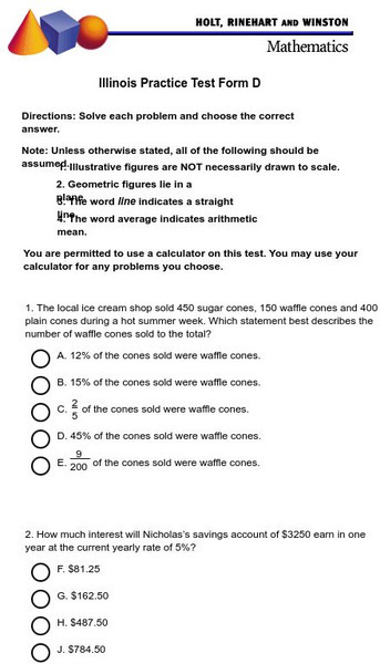 Holt, Rinehart and Winston: Illinois Practice Test Form D Study Guide Holt, Rinehart and Winston: Illinois Practice Test Form D Study Guide