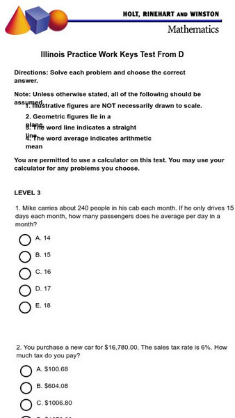Holt, Rinehart and Winston: Illinois Works Keys Practice Test D Study Guide Holt, Rinehart and Winston: Illinois Works Keys Practice Test D Study Guide