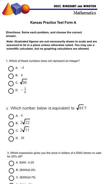 Holt, Rinehart and Winston: Kansas Practice Test: Form A Study Guide Holt, Rinehart and Winston: Kansas Practice Test: Form A Study Guide