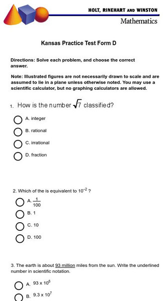 Holt, Rinehart and Winston: Kansas Practice Test: Form D Study Guide Holt, Rinehart and Winston: Kansas Practice Test: Form D Study Guide